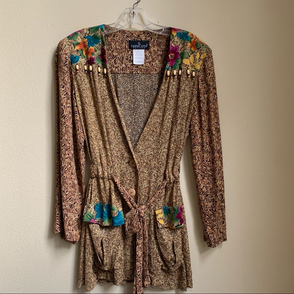 Y2K 90s Vintage Carole Little Tribal Mixed Print Belted Jacket Size 6 Retro Boho